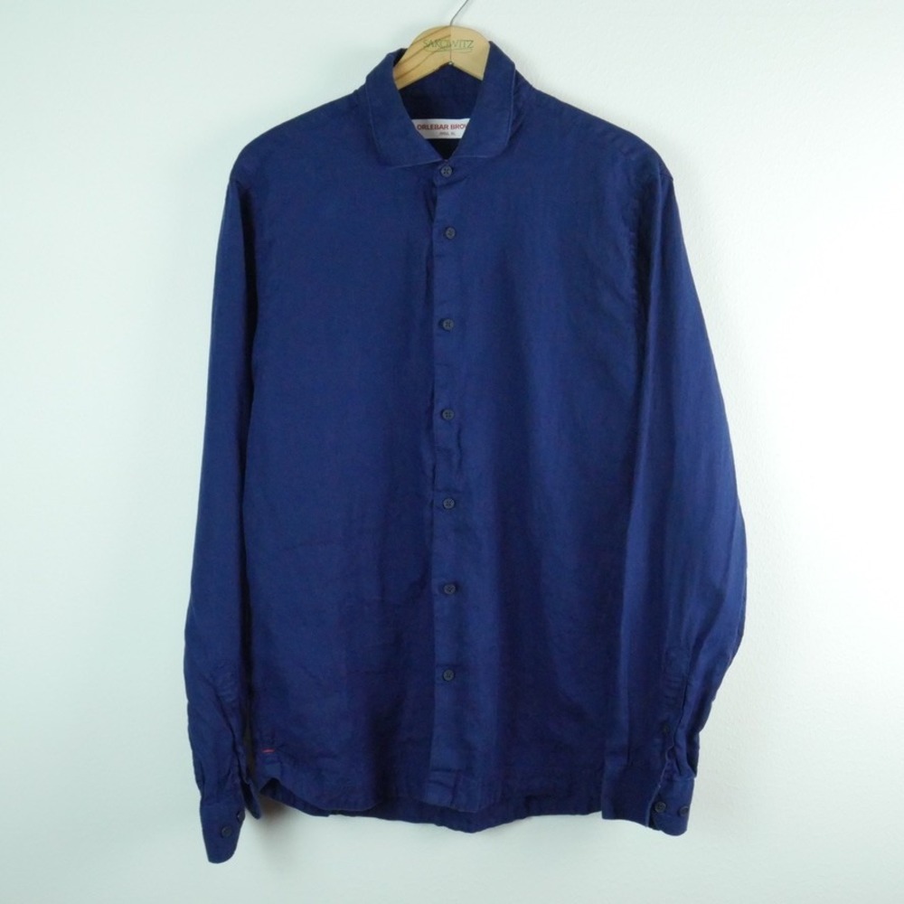 Orlebar Brown Giles Navy Blue Linen Button Down Shirt Mens XL Made in Portugal